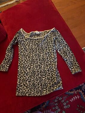 Leopard Print Long Sleeve off shoulder Top- Black & Cream
